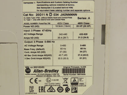 Allen Bradley 20G11ND034JA0NNNNN PowerFlex 70 VFD 25Hp 480V 3Ph Ser A FW 14.005