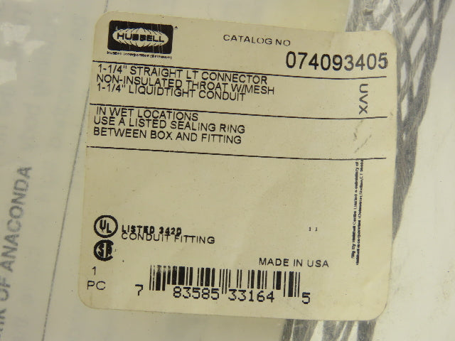 Hubbell 074093405 1-1/4" Straight LT Strain Relief Connector LiquidTight Conduit