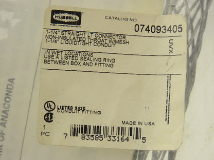 Hubbell 074093405 1-1/4" Straight LT Strain Relief Connector LiquidTight Conduit