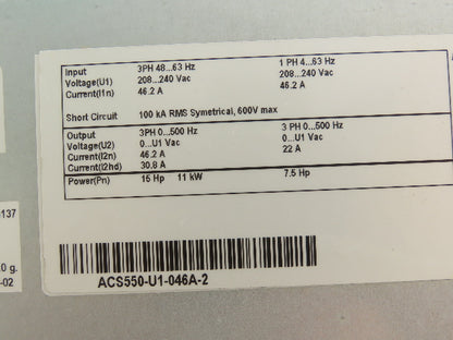 ABB ACS550-U1-046A-2 VFD AC Drive 7.5/15Hp 240V 1 Or 3Ph Input 3 Phase Output