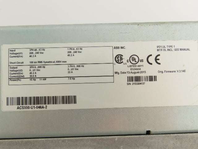 ABB ACS550-U1-046A-2 VFD AC Drive 7.5/15Hp 240V 1 Or 3Ph Input 3 Phase Output