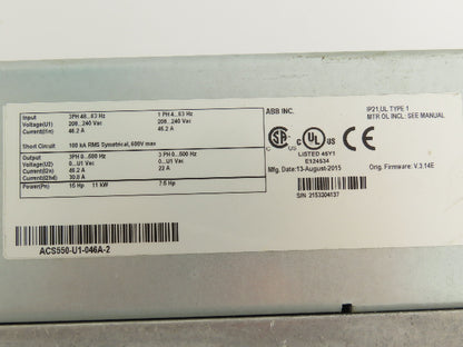 ABB ACS550-U1-046A-2 VFD AC Drive 7.5/15Hp 240V 1 Or 3Ph Input 3 Phase Output