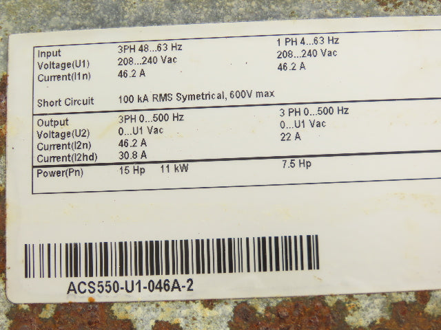 ABB ACS550-U1-046A-2 VFD AC Drive 7.5/15Hp 240V 1 Or 3Ph Input 3 Phase Output