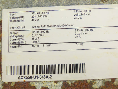 ABB ACS550-U1-046A-2 VFD AC Drive 7.5/15Hp 240V 1 Or 3Ph Input 3 Phase Output