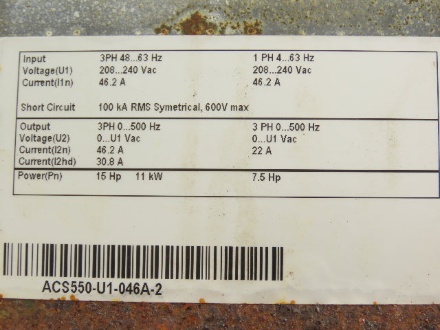 ABB ACS550-U1-046A-2 VFD AC Drive 7.5/15Hp 240V 1 Or 3Ph Input 3 Phase Output