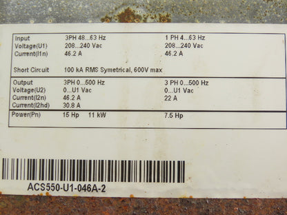 ABB ACS550-U1-046A-2 VFD AC Drive 7.5/15Hp 240V 1 Or 3Ph Input 3 Phase Output