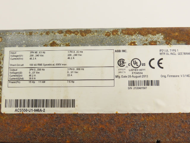 ABB ACS550-U1-046A-2 VFD AC Drive 7.5/15Hp 240V 1 Or 3Ph Input 3 Phase Output