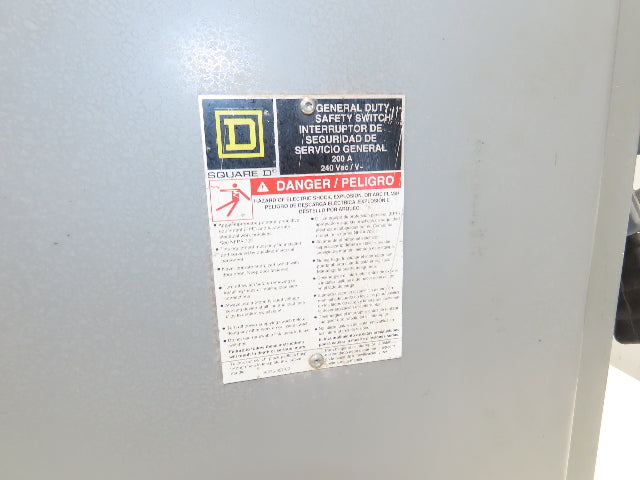 Square D DU324RB Safety Disconnect Switch 200 Amp 240V 3 Pole 3Ph Non-Fusible