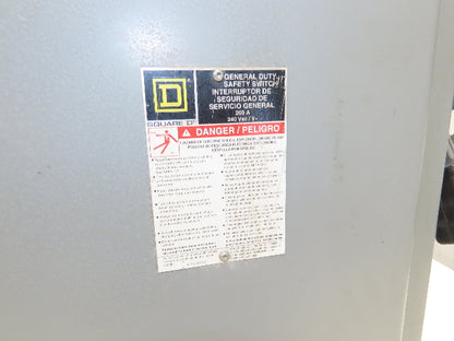 Square D DU324RB Safety Disconnect Switch 200 Amp 240V 3 Pole 3Ph Non-Fusible