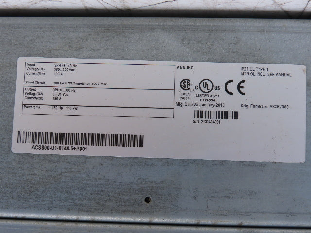 ABB ACS800-U1-0140-5+P901 VFD Variable Speed AC Drive 150Hp 480V 3Ph