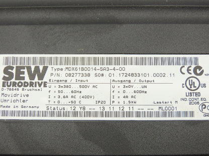 Sew Eurodrive MDX61B0014-5A3-4-00 Movidrive Compact Servo Drive Inverter 1.5kW