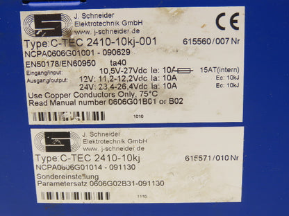 J. Schneider C-TEC 2410-10KJ-001 10A Power Supply 12/24VDC Capacitor Buffered