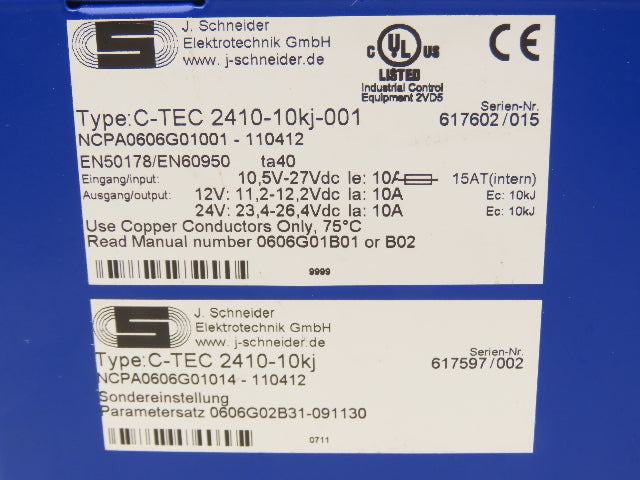J. Schneider C-TEC 2410-10KJ-001 10A Power Supply 12/24V Capacitor Buffered READ