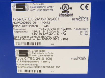 J. Schneider C-TEC 2410-10KJ-001 10A Power Supply 12/24V Capacitor Buffered READ