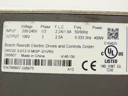Rexroth DKC02.3-012-3-MGP-01VRS ECODRIVE Servo Amplifier Controller 106V 1/3Ph