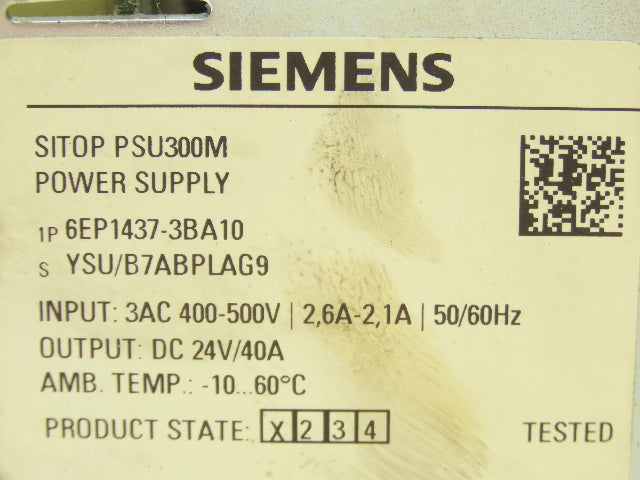 Siemens 6EP1437-3BA10 Power Supply DC 24V 40A 3PH 400-500V Input SITOP PSU300M