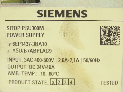 Siemens 6EP1437-3BA10 Power Supply DC 24V 40A 3PH 400-500V Input SITOP PSU300M