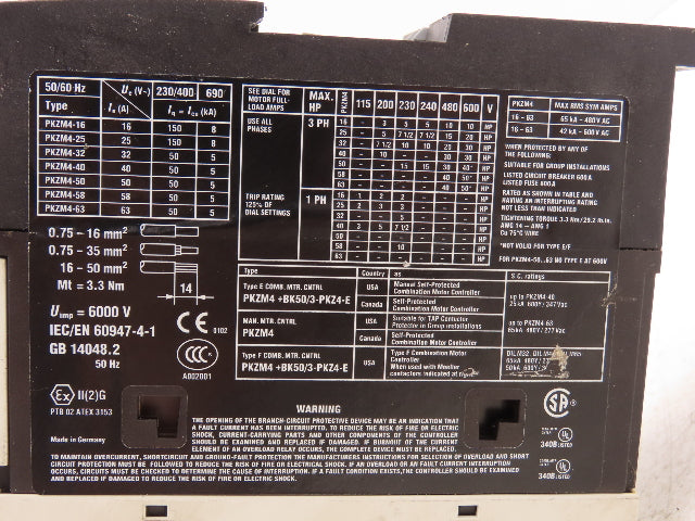 Moeller PKZM4-32 Manual Motor Starter Circuit Breaker 32A 30Hp 600VAC 3Ph