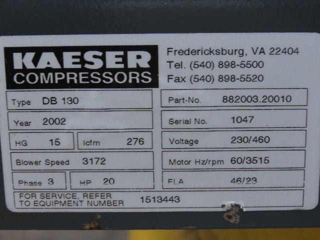 Kaeser DB 130 Omega 41 Vacuum Blower 276 ICFM Positive Rotary Lobe 20Hp 230/460
