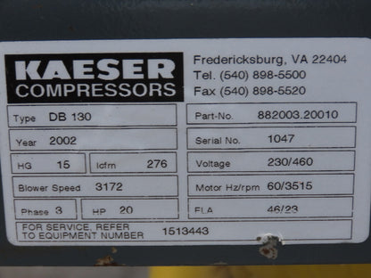 Kaeser DB 130 Omega 41 Vacuum Blower 276 ICFM Positive Rotary Lobe 20Hp 230/460