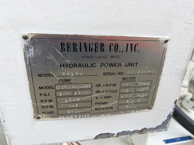 Beringer SP1SV Hydraulic Power Unit 1.5 GPM 25 Gal 2400/2600PSI 460V 3Ph