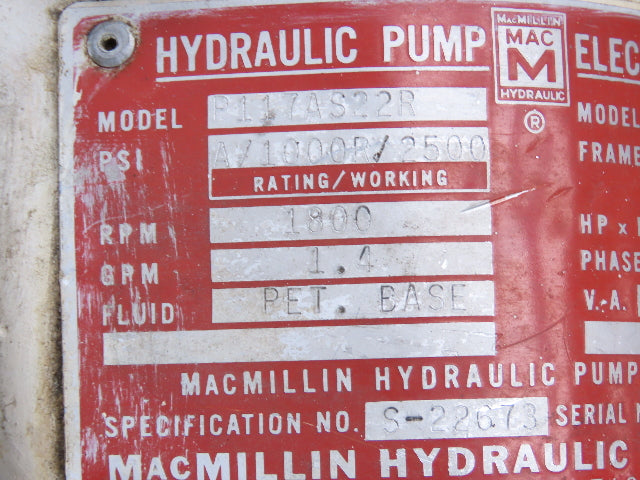 Macmillin P117AS22R Hydraulic Power Unit 40 Gal 1.4gpm 2500psi 2Hp w/Accumulator