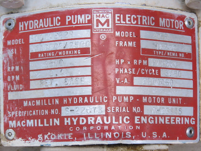 Macmillin P117AS22R Hydraulic Power Unit 40 Gal 1.4gpm 2500psi 2Hp w/Accumulator