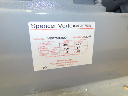 Spencer VB075B-000 Vortex Regenerative Blower 40cfm 1"npt .25Hp 3300rpm 230/460