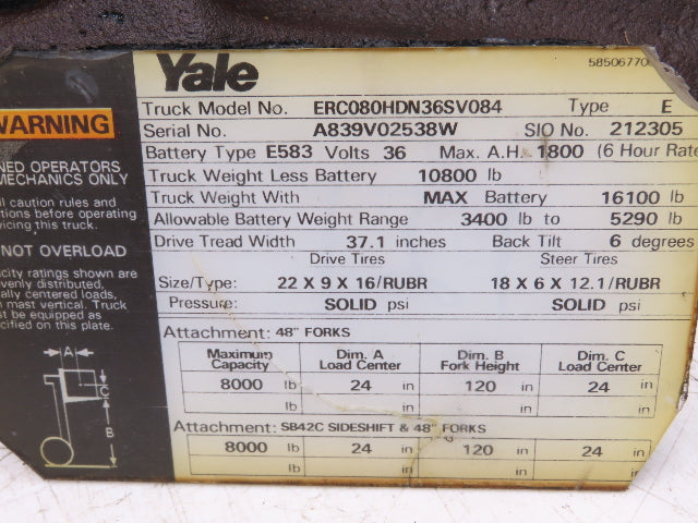 Yale 370401 Forklift Dual-Wheel Rear Steer Axle Assembly ERC080HDN36SV084