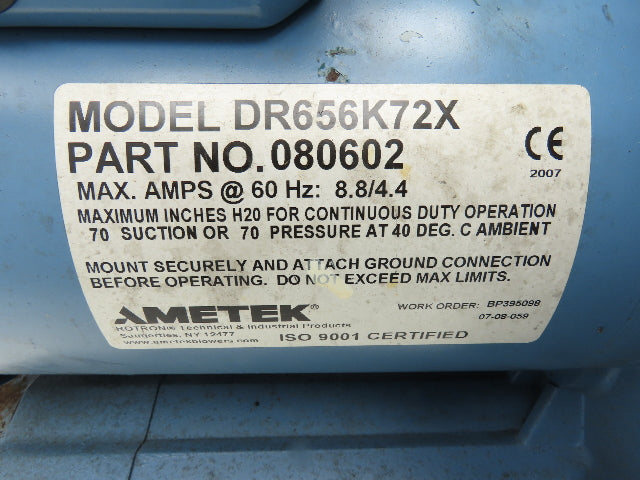 Ametek DR656K72X ROTRON Regenerative Blower 210CFM 3Hp 3450RPM 230/460V 3Ph