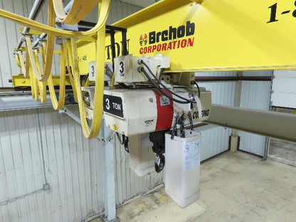 Brehob 3 Ton Top Running 4-Post Bridge Crane 2 Hoists 16' 10" Span 18' Run 12'H