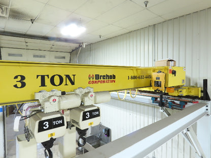 Brehob 3 Ton Top Running 4-Post Bridge Crane 2 Hoists 16' 10" Span 18' Run 12'H