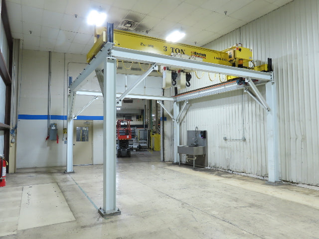 Brehob 3 Ton Top Running 4-Post Bridge Crane 2 Hoists 16' 10" Span 18' Run 12'H