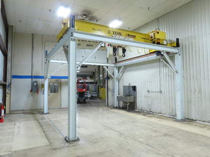 Brehob 3 Ton Top Running 4-Post Bridge Crane 2 Hoists 16' 10" Span 18' Run 12'H