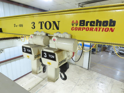 Brehob 3 Ton Top Running 4-Post Bridge Crane 2 Hoists 16' 10" Span 18' Run 12'H