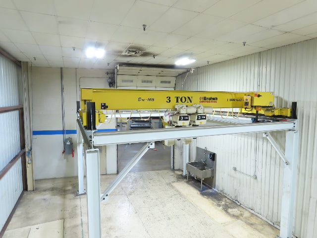 Brehob 3 Ton Top Running 4-Post Bridge Crane 2 Hoists 16' 10" Span 18' Run 12'H