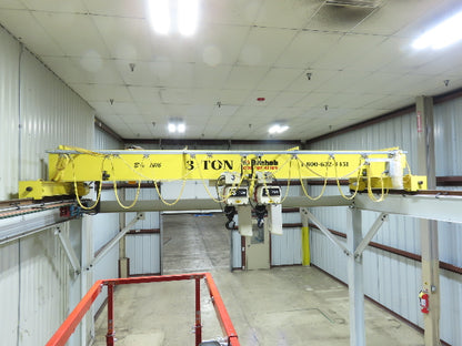 Brehob 3 Ton Top Running 4-Post Bridge Crane 2 Hoists 16' 10" Span 18' Run 12'H