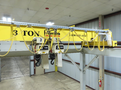 Brehob 3 Ton Top Running 4-Post Bridge Crane 2 Hoists 16' 10" Span 18' Run 12'H
