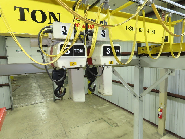 Brehob 3 Ton Top Running 4-Post Bridge Crane 2 Hoists 16' 10" Span 18' Run 12'H