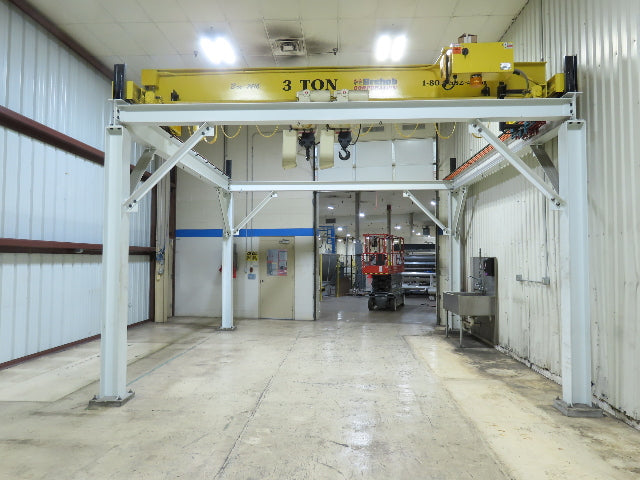 Brehob 3 Ton Top Running 4-Post Bridge Crane 2 Hoists 16' 10" Span 18' Run 12'H