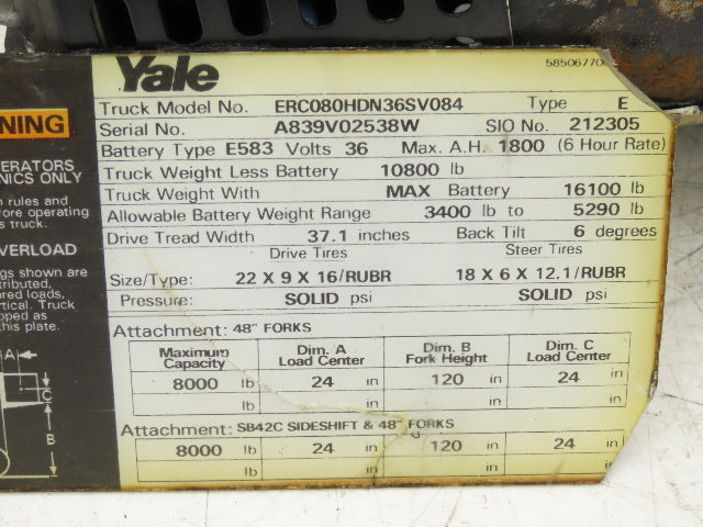 Yale 8620080 Forklift Hydraulic Haldex Pump & Motor 36/48VDC Off ERC080