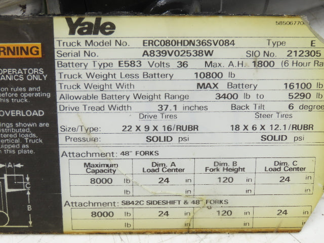 Yale 1510136 Forklift Hydraulic Tilt Cylinder Removed From ERC080