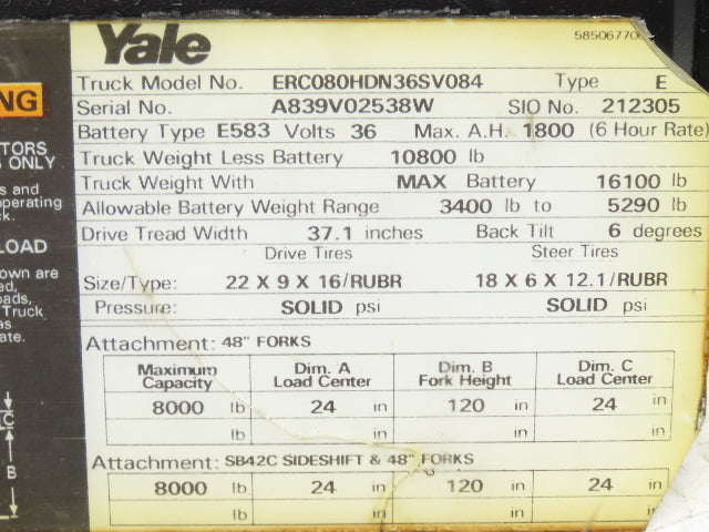 Yale 8503580 Forklift Hydraulic Tilt Cylinder Removed From ERC080