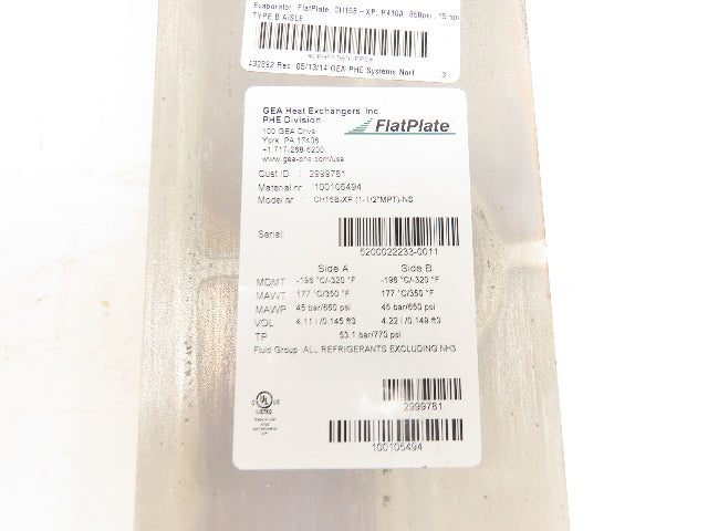 GEA CH15B-XP-(1-1/2"MPT)NS Evaporator Flatplate Heat Exchanger 1-1/2" NPT 650PSI