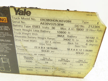 Yale Forklift Steering Column Plastic Shroud Cover Removed From ERC080HDN36SV084
