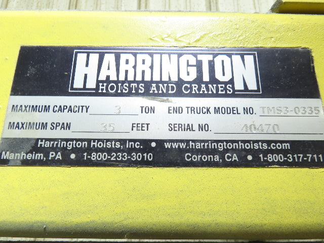 Harrington 3 Ton Top Running 4-Post Bridge Crane 16' Span 27' 4" Runway 12' 9"H
