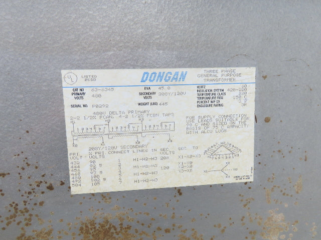Dongan 63-6345 Stepdown Power Transformer 45KVA 3Ph HV 480 LV 208Y/120
