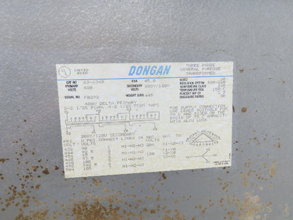 Dongan 63-6345 Stepdown Power Transformer 45KVA 3Ph HV 480 LV 208Y/120