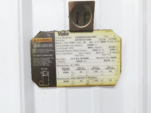 Yale ERC080HDN36SV084 Forklift Side Shift 20" Class 2 Fork 42" Chassis