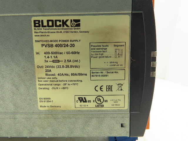 Block PVSB 400/24-20 24VDC Switched Mode Power Supply 400-500VAC 3Ph Input